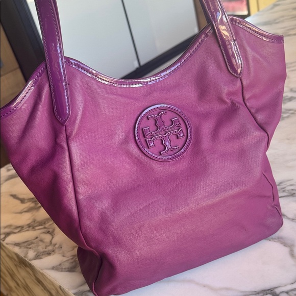 Tory Burch Purple Logo Coated Canvas Tote Bag Hobo - Picture 7 of 14